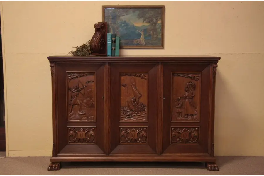 Photo of Antique Carved Oak Hunting & Fishing Scene Cabinet