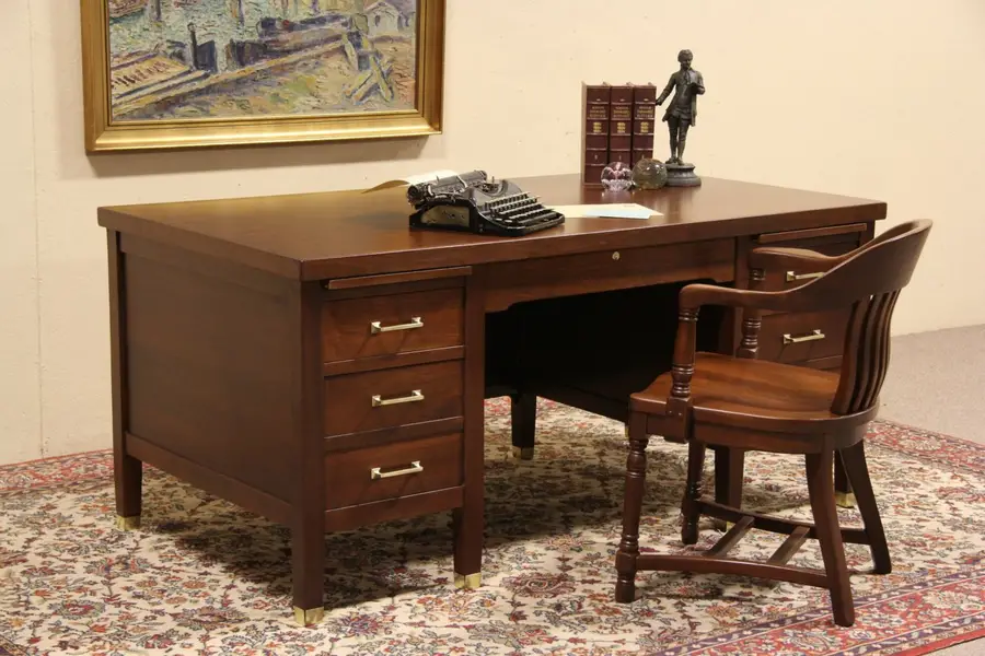 Photo of Walnut 1915 Antique Executive Desk, Clemetsen of Chicago