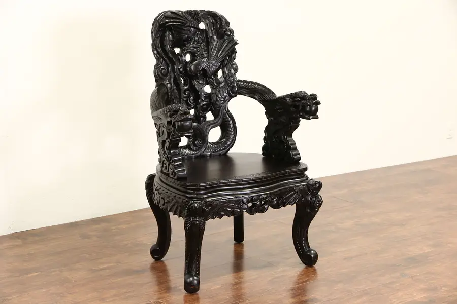 Photo of Japanese Dragon & Phoenix Carved Meiji 1880 Antique Lacquered Chair with Arms