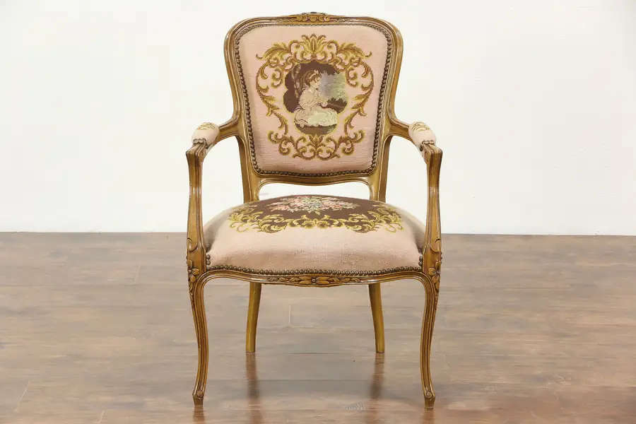 Photo of French Carved Vintage Chair, Needlepoint & Petit Point Upholstery