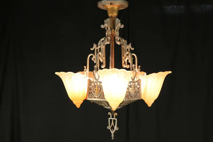 Photo of Art Deco Vintage Lincoln Chandelier 5 Light Fixture, Fleur de Lis Shades