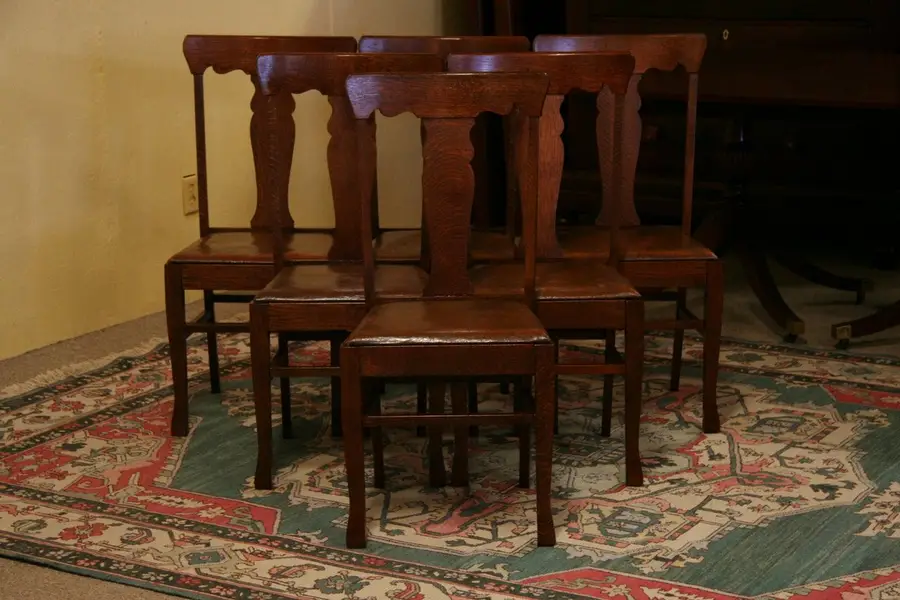 Photo of Set of 6 1900's Oak & Leather Dining Chairs