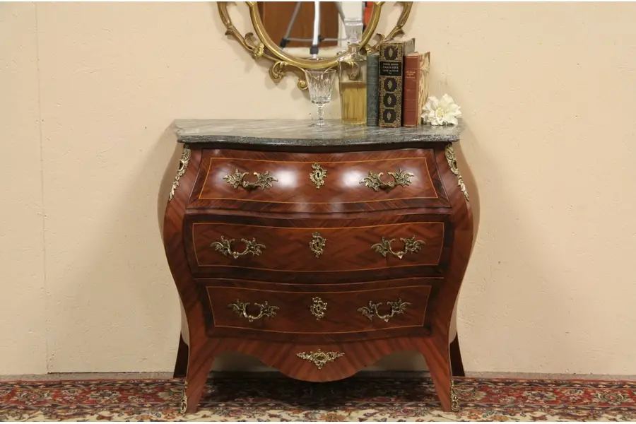 Photo of French Marquetry Marble Top Bombe Chest