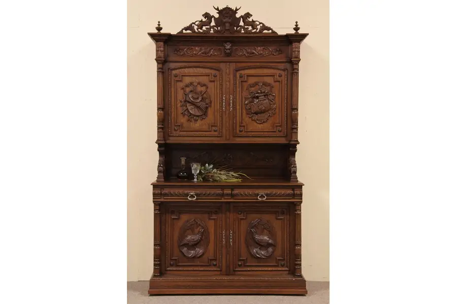 Photo of Hunting Lodge Carved Oak Antique Game Cabinet