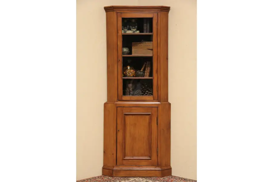 Country Pine 1850 Antique Corner Cupboard, Wavy Glass Door