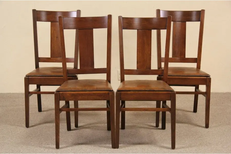 Photo of Set of 4 Arts and Crafts Mission 1910 Antique Oak Dining or Game Chairs, Leather