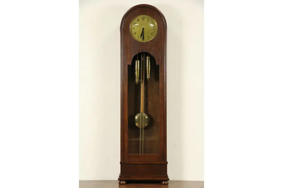 Photo of German Signed 1920 Antique Oak Grandfather Long Case Clock