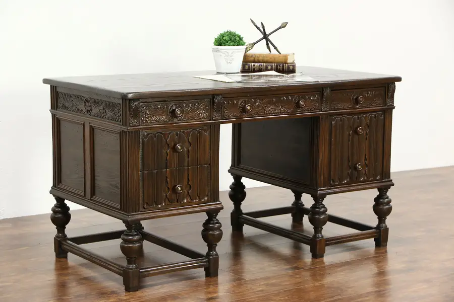 Photo of English Tudor 1920's Antique Carved Chestnut Library Desk, Linenfold Panels