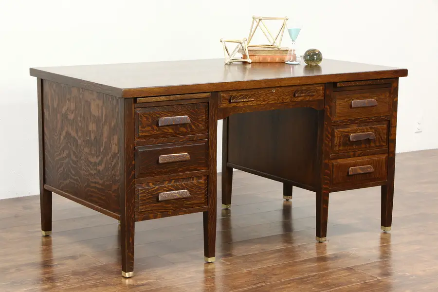 Photo of Oak Quarter Sawn 1900 Antique Desk, Brass Feet, File Drawer