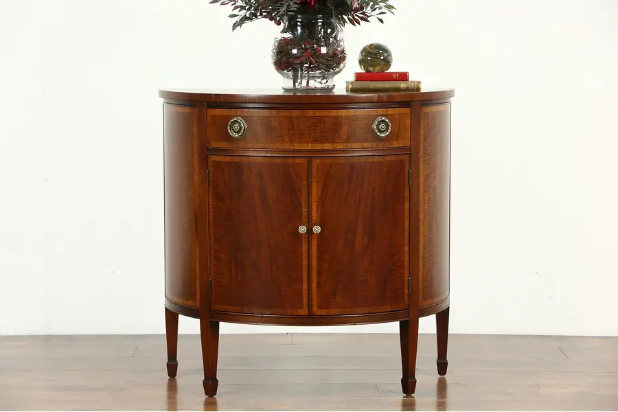 Photo of Demilune Half Round Banded Mahogany Vintage Hall Console Cabinet, Johnson