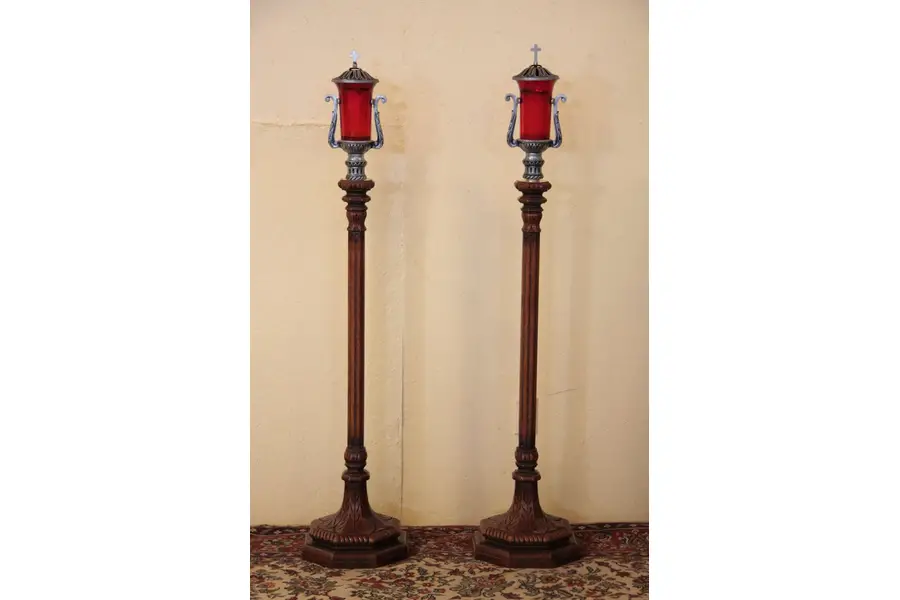 Photo of Pair Victorian Carved Oak 57" Antique Candlesticks
