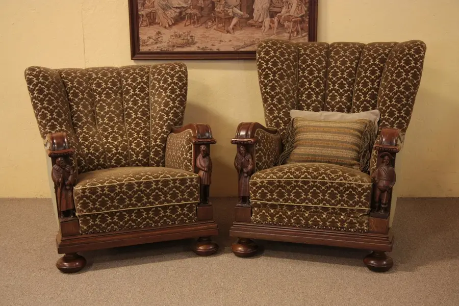 Photo of Pair of Antique Oak Wing Chairs, Carved Figures