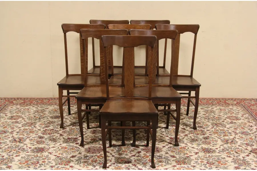 Photo of Set of 8 Antique 1900 Solid Oak Dining Chairs
