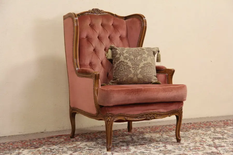 Photo of French Style Carved Vintage Velvet Wing Chair