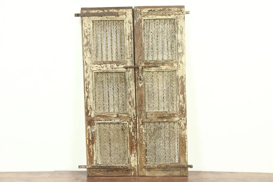 Photo of India Antique Architectural Salvage Pair 20" Cream Doors, Iron Bars Wine Cellar