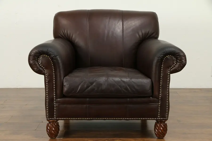Photo of Leather Vintage Club Chair, Brass Nailhead Trim, Signed Classic
