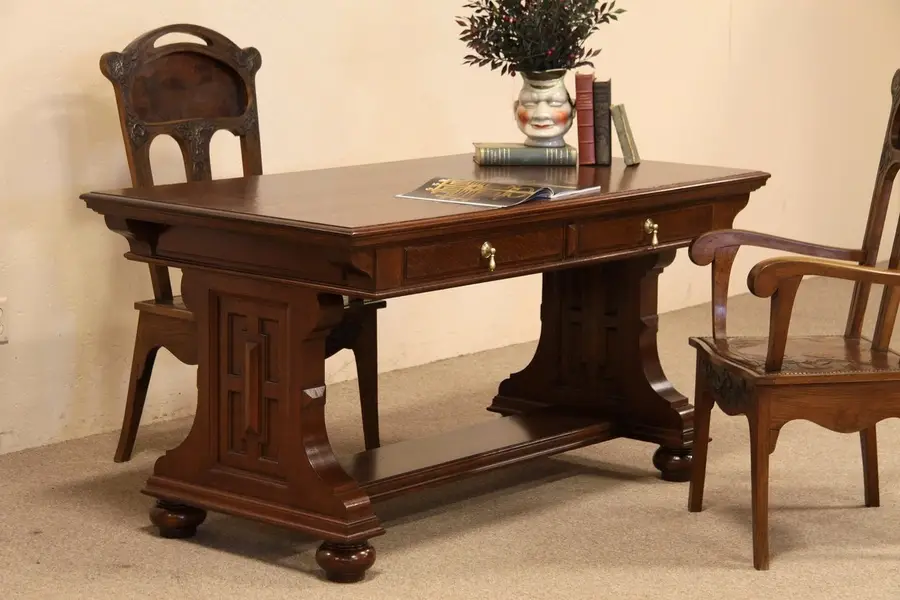 Photo of Tudor Oak Berkey Partner's Desk, Library Table