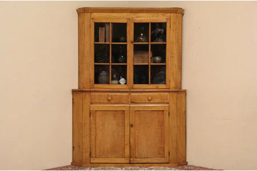 Photo of Curly Tiger Maple New England 1840 Antique Corner Cabinet or Cupboard