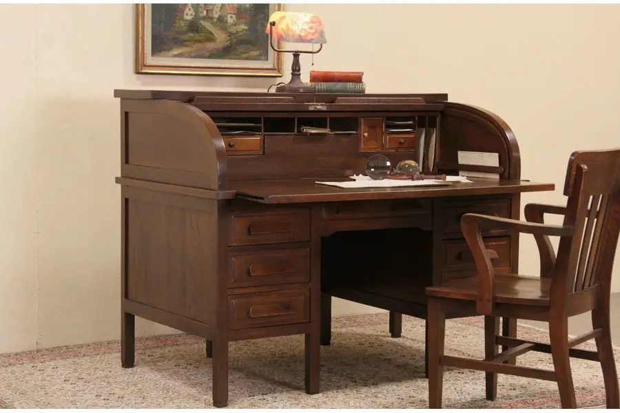Photo of Oak 1910 Antique Rolltop Desk, Pull Out Writing Surface
