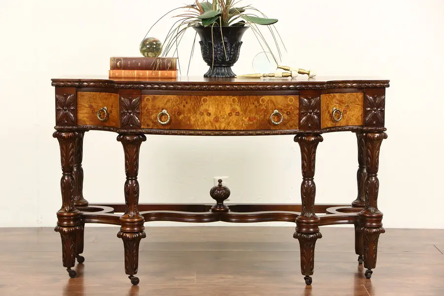 Photo of Marquetry Carved 1920 Antique Hall Console Table