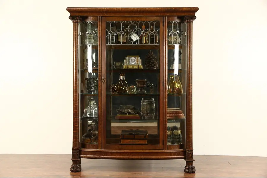 Photo of Curved Glass 1900 Antique Oak China Cabinet, Curio Display, Leaded Beveled Glass