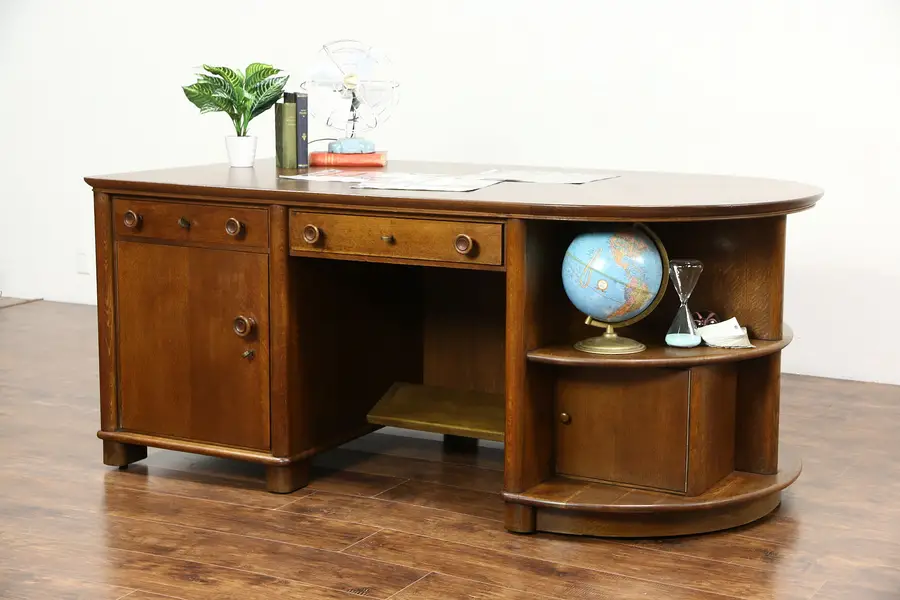 Photo of Art Deco Oak Antique Scandinavian 1920 Library Desk with Bookshelves