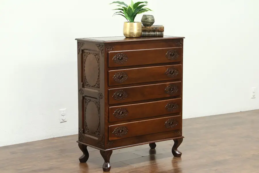 Photo of Anglo Indian Hand Carved Teak 1920 Antique Chest or Dresser