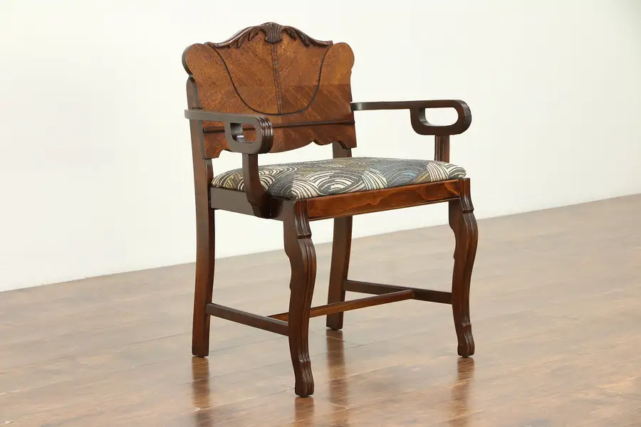 Photo of Art Deco 1930 Vintage Vanity Bench or Chair, Banding, New Upholstery