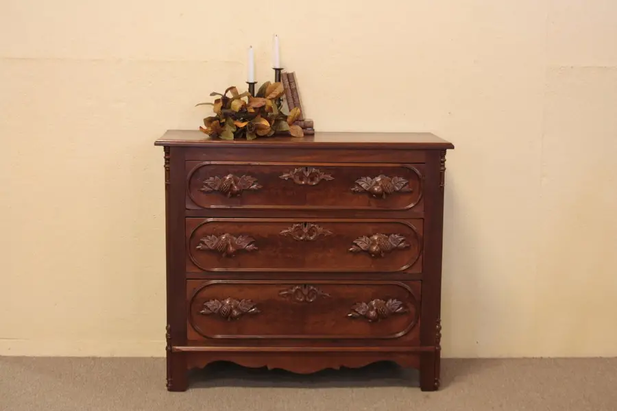 Photo of Victorian Walnut Dresser, Carved Pulls & Burl