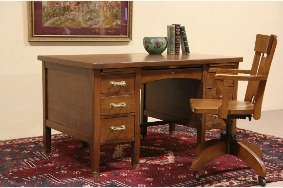 Photo of Arts & Crafts 1915 Mission Oak signed Globe Wernicke Desk