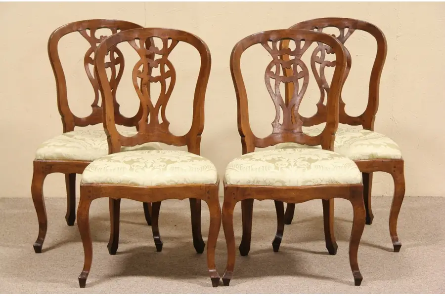Photo of Set of 4 French Walnut 1860 Antique Game or Dining Chairs, Scalamandre Silk