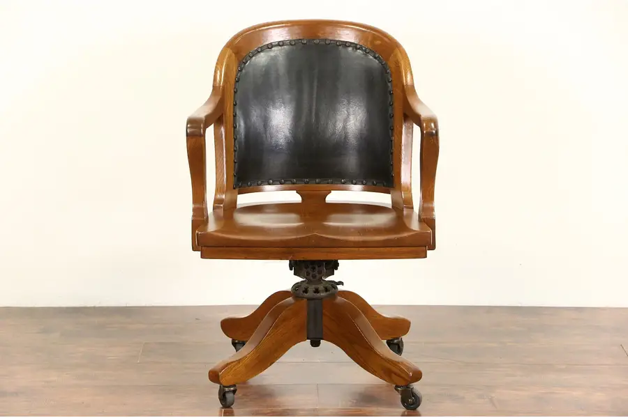 Photo of Oak Vintage Swivel Adjustable Desk Chair with Arms Signed Johnson, Pat 1914