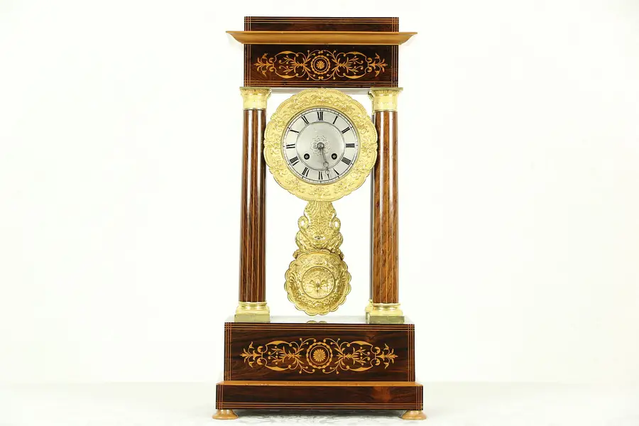 Photo of French Empire Rosewood Marquetry 1830 Antique Gilt Bronze Pillar Clock