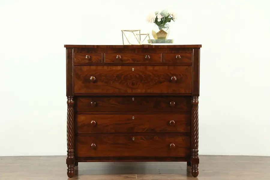 Photo of Empire Antique 1825 Mahogany Chest or Dresser, Spiral Columns