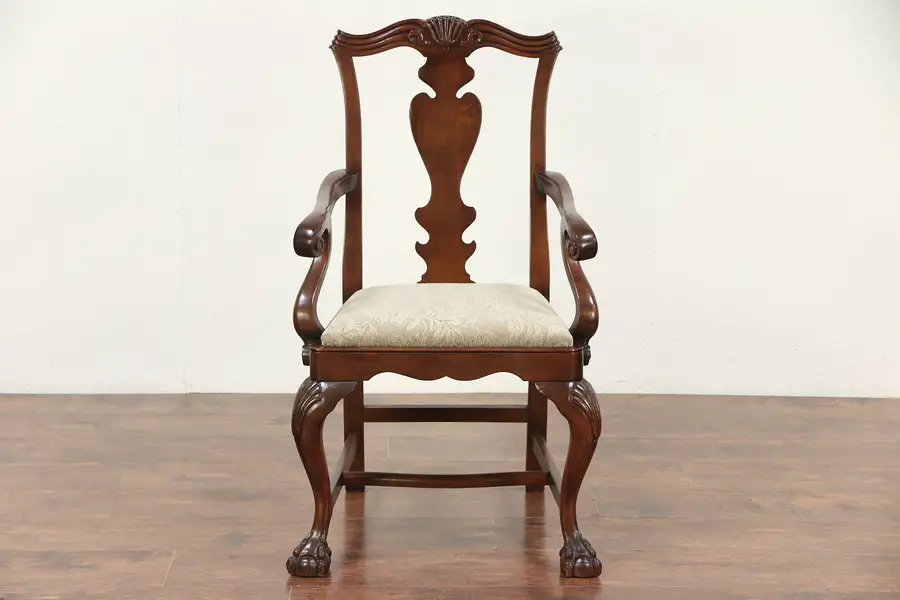 Photo of Georgian Style Vintage Carved Desk or Library Chair, New Upholstery