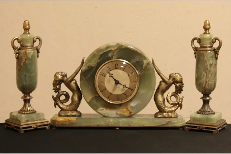 Art Deco Onyx Clock Garniture and Mermaid Set