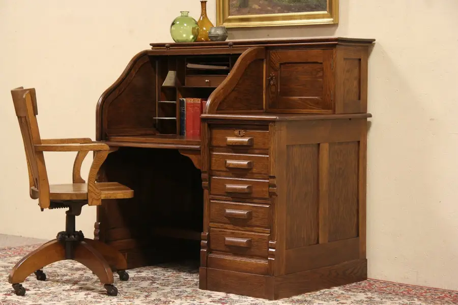 Photo of Accountant or Bookeeper 1895 Antique Oak Rolltop Desk