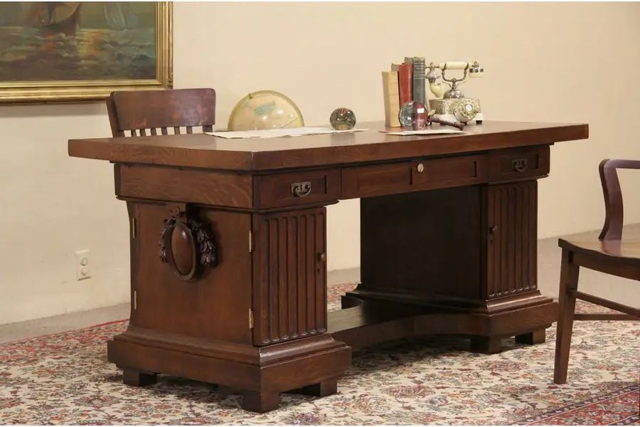 Photo of Oak 1920 Antique Partner Writing Desk Library Table
