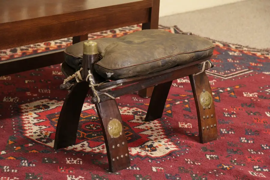 Photo of Camel Saddle Stool, Leather Cushion & Brass Mounts