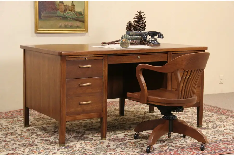 Photo of Oak Desk, 1940's Vintage, File Drawer & Pull Out Shelves, 5' Long