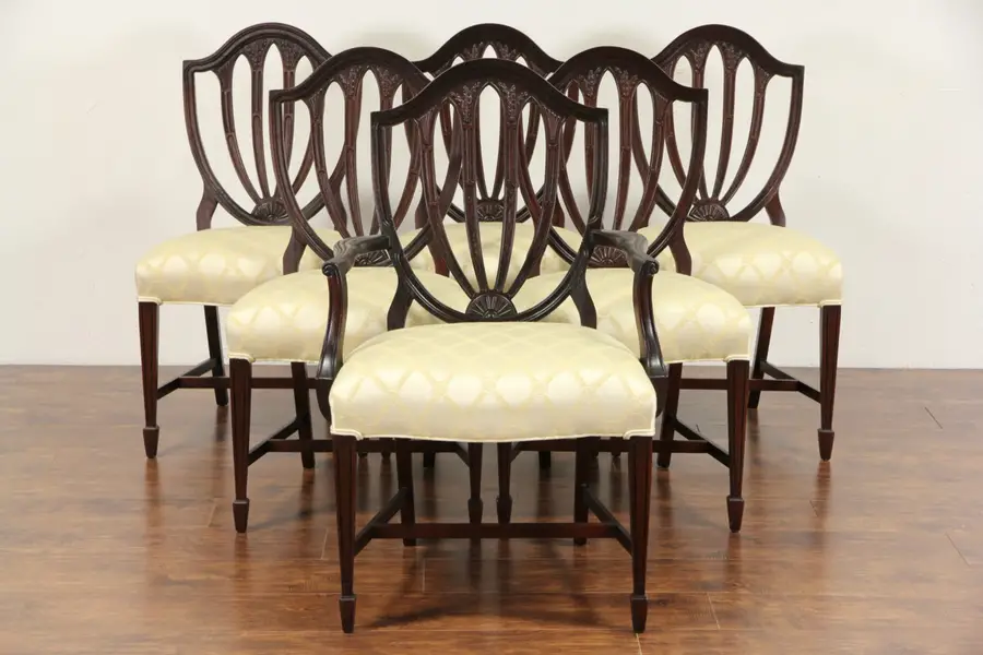 Photo of Set of 6 Vintage Hepplewhite Mahogany Shield Back Dining Chairs, New Upholstery