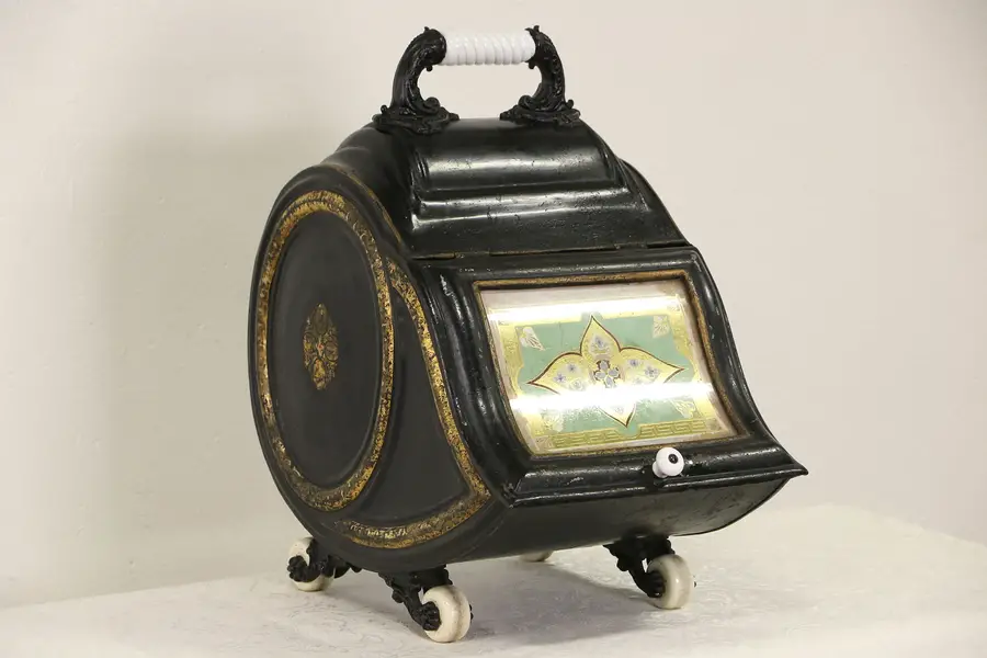 Photo of English Victorian Toleware 1860's Fireplace Coal Scuttle or Hod, Painted Glass