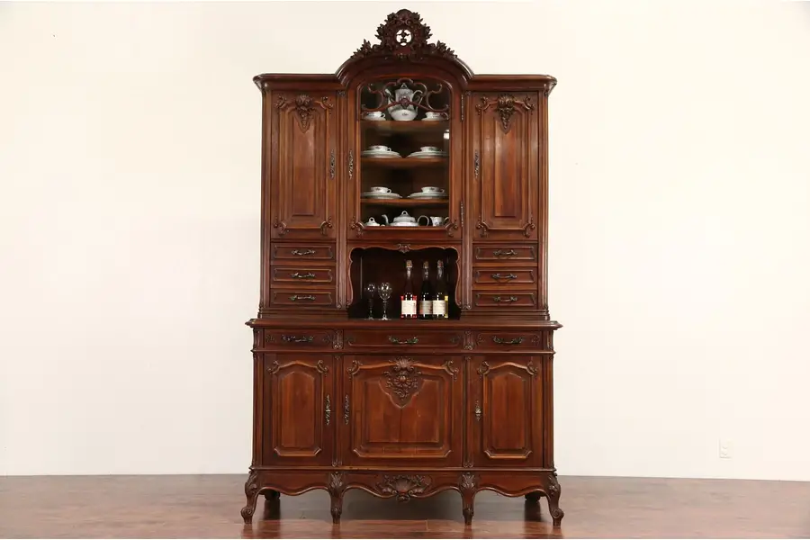 Photo of French Carved Walnut 1890's Antique Sideboard & China Cabinet, Beveled Glass