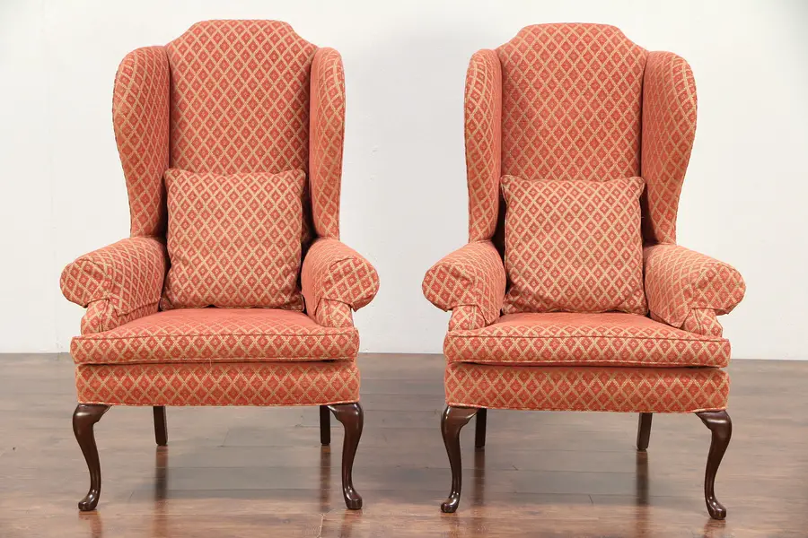 Photo of Pair of Fireside Vintage Mahogany Wing Chairs, Recent Upholstery