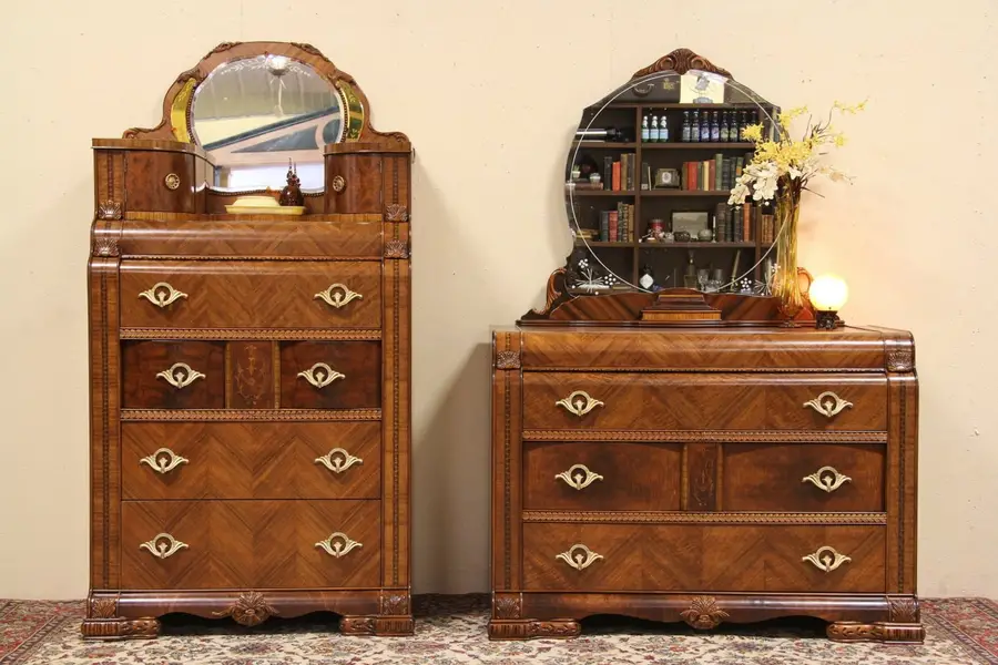 Photo of Art Deco Waterfall 1930's Antique Pair Dresser & Chest