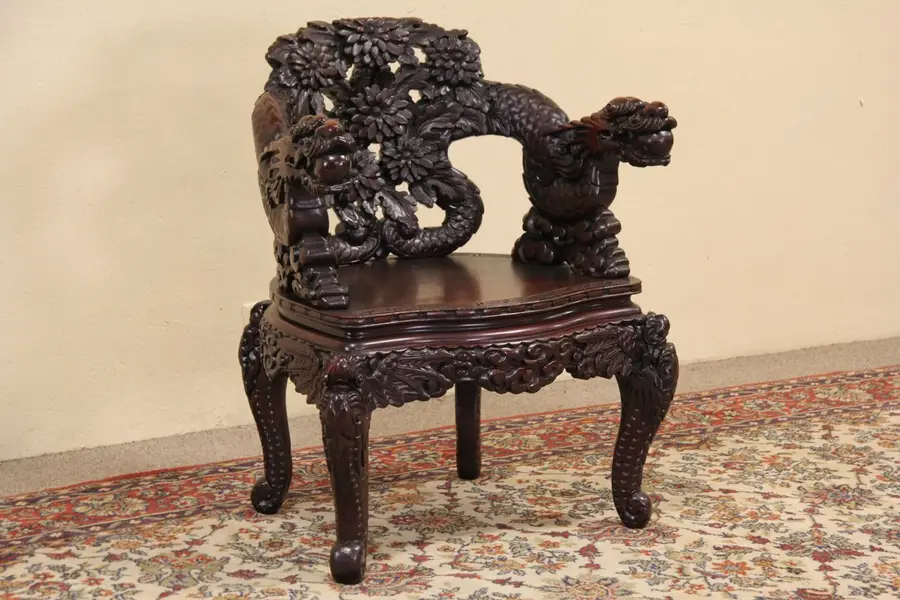 Photo of Chinese Dragon Hand Carved Antique 1920 Chair