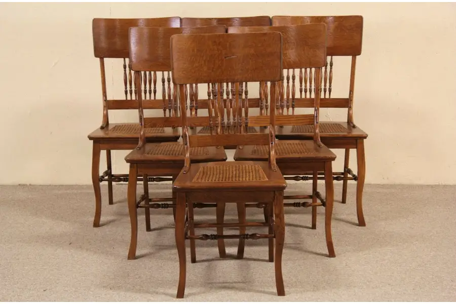 Photo of Set of 6 Oak 1900 Antique Dining Chairs, Cane Seats