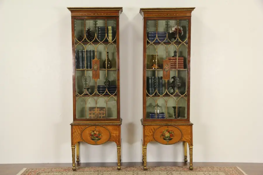Photo of Pair Hand Painted Satinwood English 1890 Antique Curio Cabinets