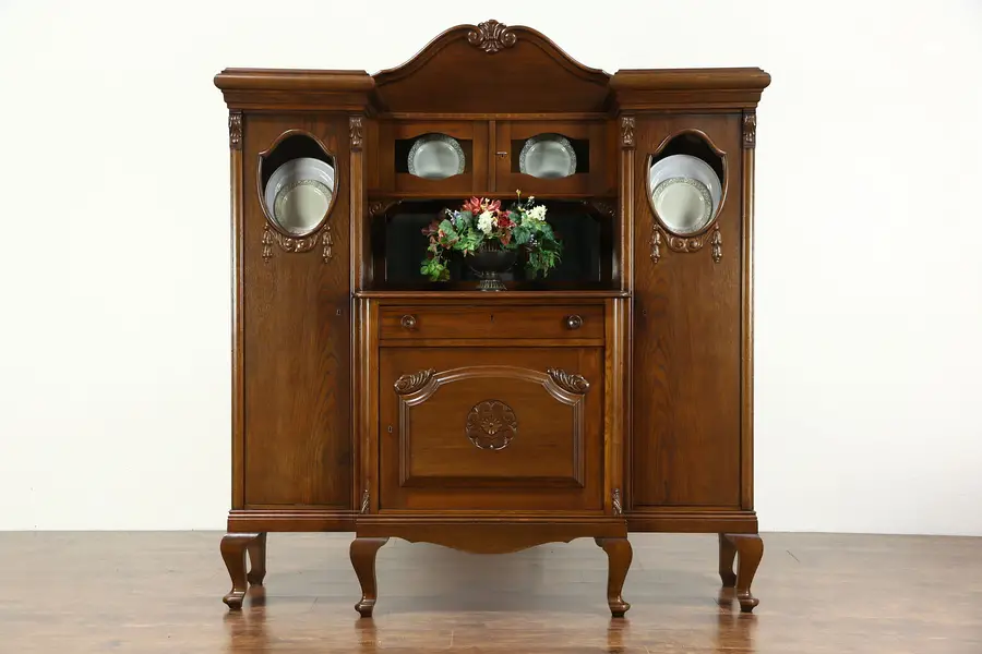 Photo of Oak 1915 Antique Sideboard Server Bar Cabinet, Beveled Mirror, Belgium