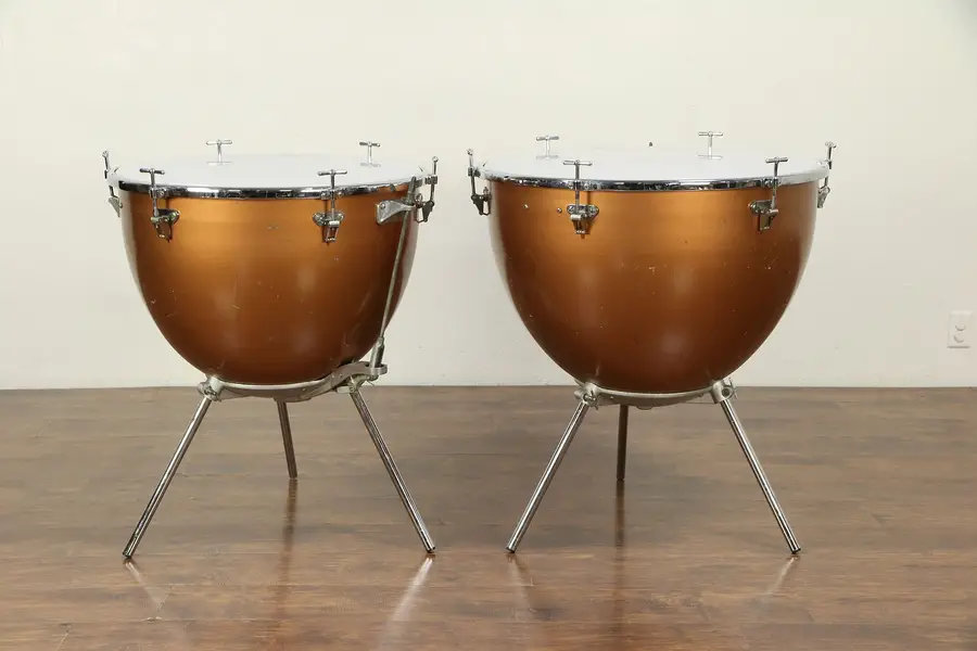 Photo of Pair of Timpani Kettle Drums Signed Ludwig 26 & 29